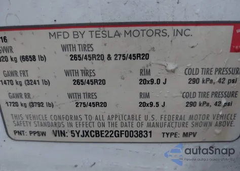 2016 Tesla Model X 60D/70D/75D/90D/P100D из США, поврежденный, VIN 5YJXCBE22GF003831